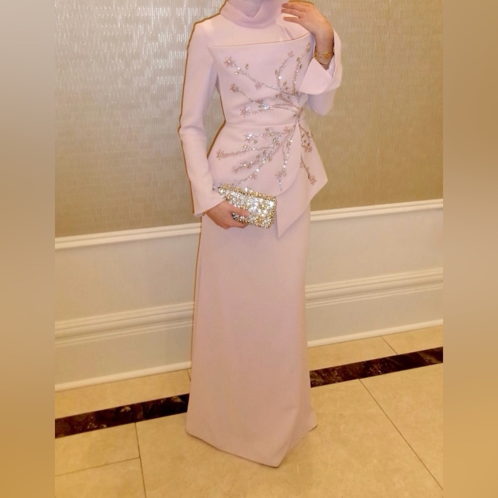 Elegant Light Pink Beaded Peplum Gown